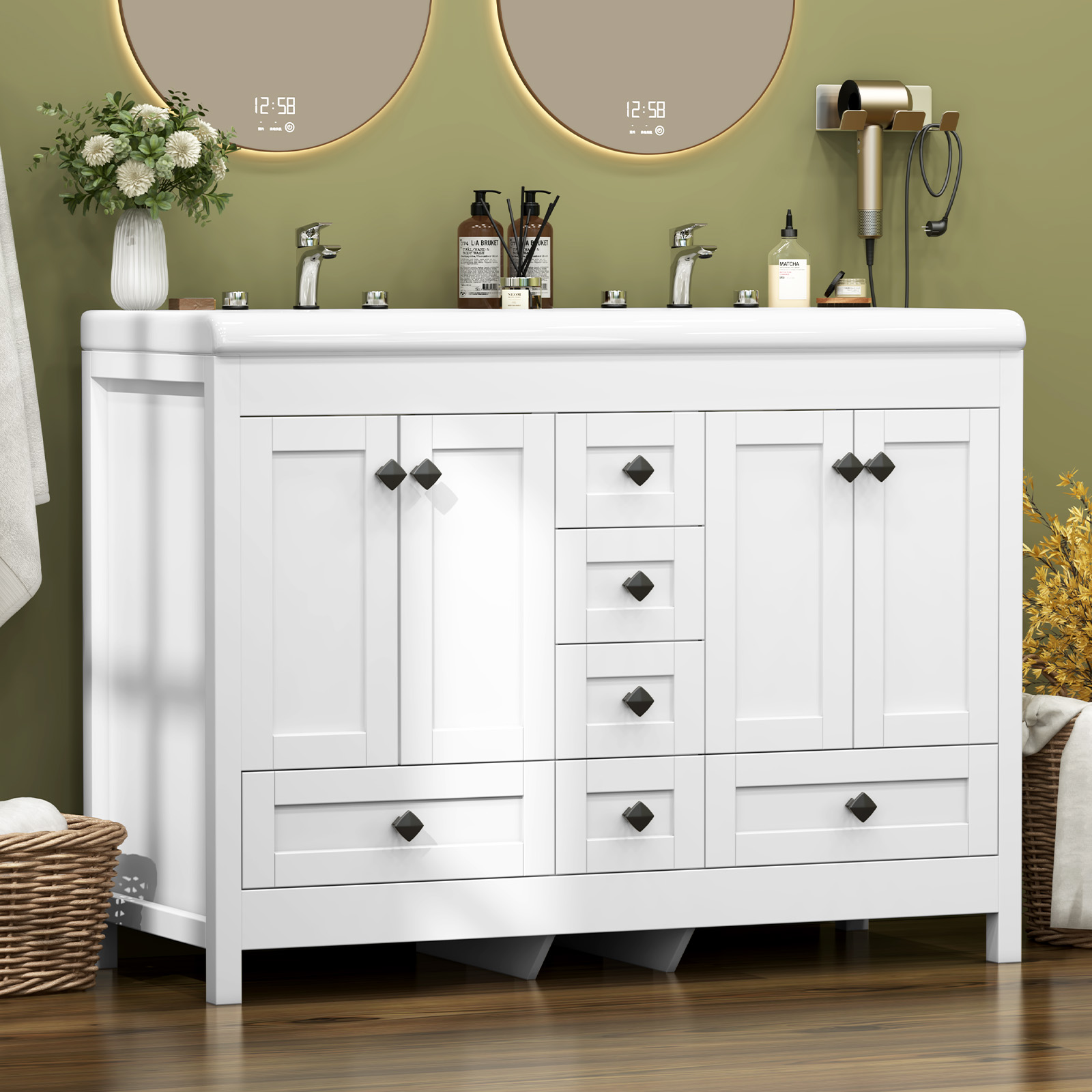 Home Bathroom Vanity Combo - 47.3인치 화이트 욕실 세면대 캐비닛, 더블
