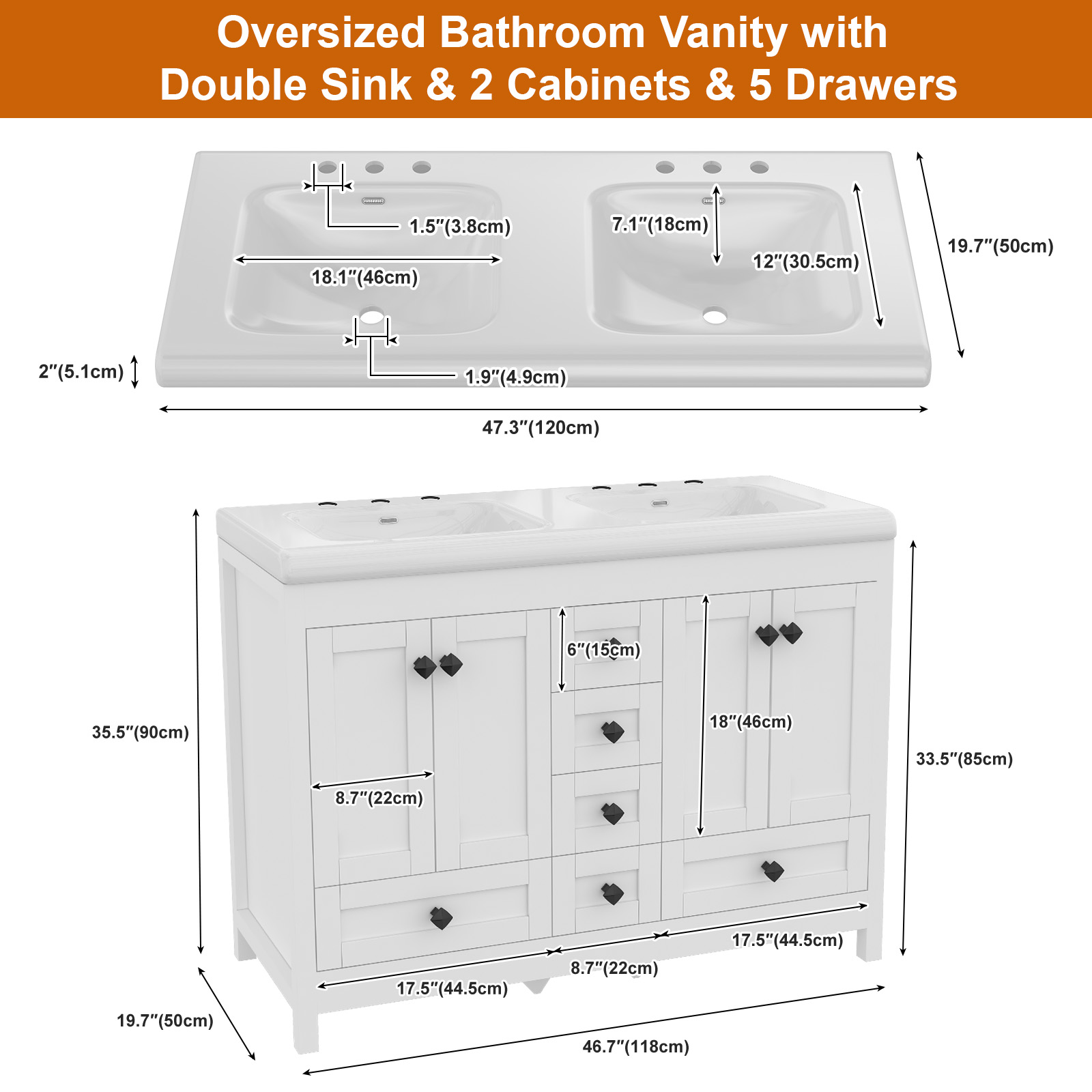 47.3인치 화이트 욕실 세면대 캐비닛, 더블 세라믹  - Home Bathroom Vanity Combo 리뷰 및 가격
