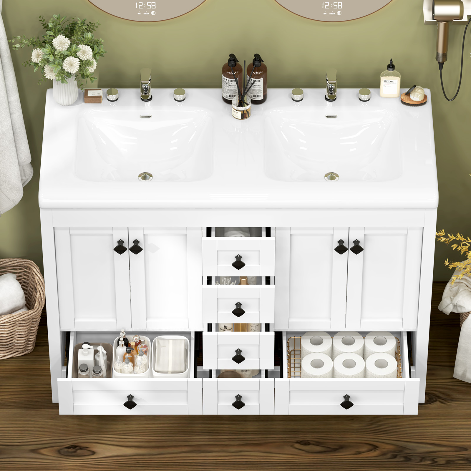 47.3인치 화이트 욕실 세면대 캐비닛, 더블 세라믹  - Home Bathroom Vanity Combo 리뷰 및 가격