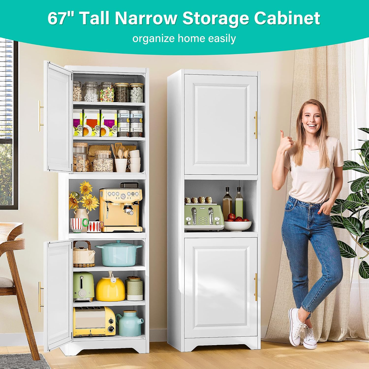 67인치 높이의 좁은 수납장, 2도어 7단 선반, 슬림 - Home Bathroom Organizer 리뷰 및 가격